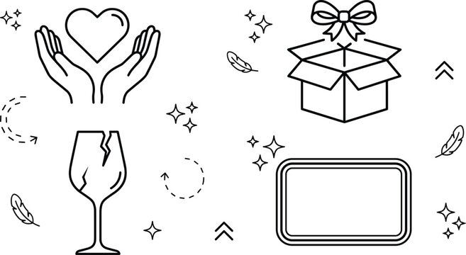 Charity donation and fragile packaging safety line icons set with heart hands gift box broken glass vector