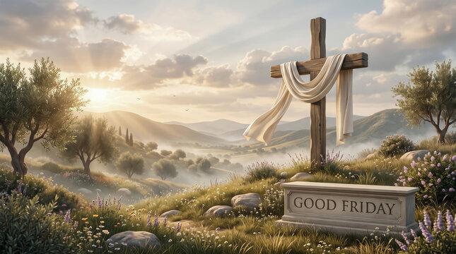 Good Friday Christian Cross at Sunrise with White Cloth in Peaceful Landscape Symbolizing Faith Hope and Resurrection