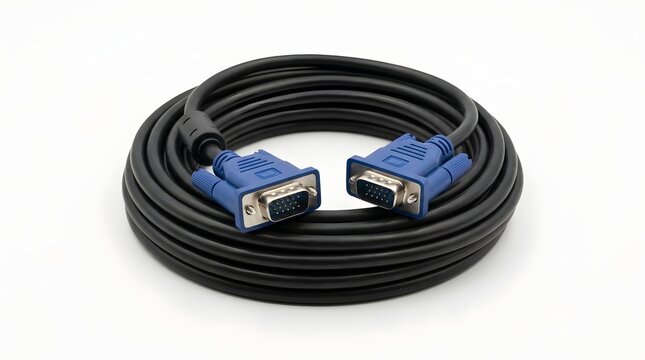 Black vga cable with blue connectors on white background.