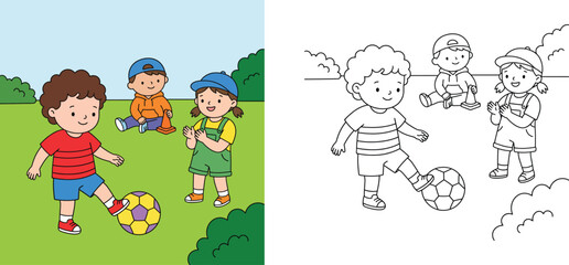 Kids playing soccer in park coloring page and colored template, educational vector illustration for children activity book