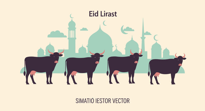 Flat vector illustration of cows with mosque silhouette background for Eid al-Adha celebration.