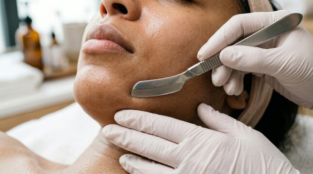 A close up of a dermaplaning treatment for facial exfoliation.
