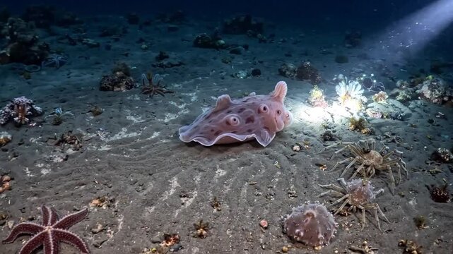 A peculiar blobfish rests on the sandy ocean floor, illuminated by a beam of light in the deep sea environment