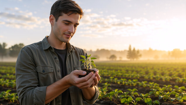 Young man holding green plant seedling with soil in hands. Male farmer standing in agricultural field at sunrise. Environmental conservation and growth concept