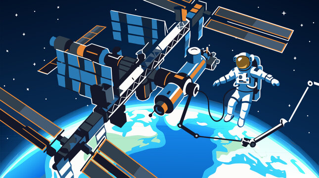 Clean flat vector illustration showing an astronaut floating beside a space station above Earth against stars, ideal for science and aerospace education.