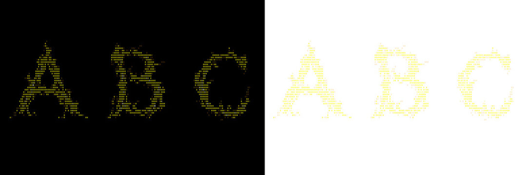 Abstract yellow dot alphabet characters a, b, c isolated on black and transparent background.