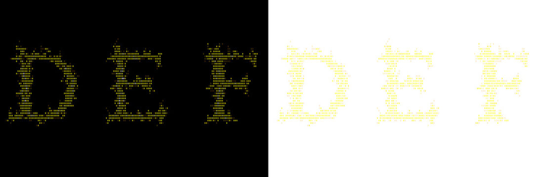 Abstract yellow dot alphabet characters d, e, f isolated on black and transparent background.