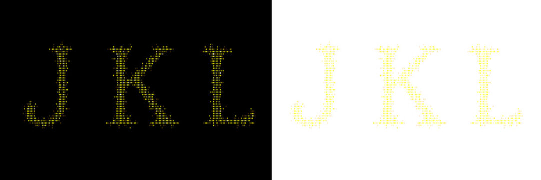 Abstract yellow dot alphabet characters j, k, l isolated on black and transparent background.