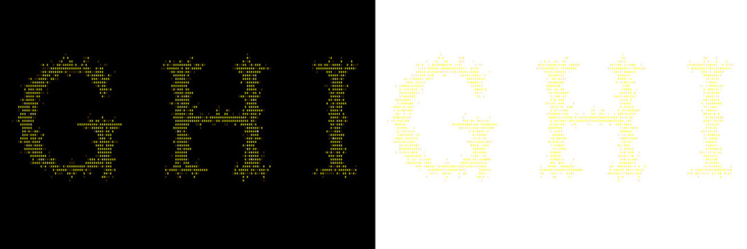 Abstract yellow dot alphabet characters g, h, i isolated on black and transparent background.