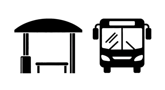 Minimal black silhouette icon, simple flat vector, bold black shape, no gradients, no shading bus stop and bus front view icon set on a, flat icon style