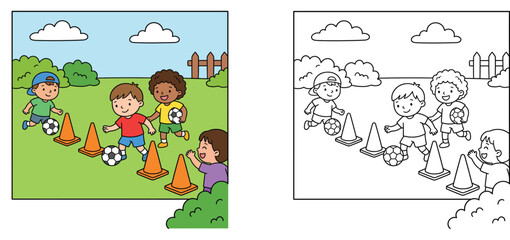 Fototapeta premium Kids playing soccer coloring page with color sample. Cartoon children training football on a grass field with cones, outline vector illustration for educational activity book.