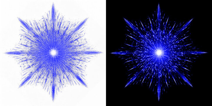 Deep blue supernova explosion with radiant stardust and vibrant light rays isolated on transparent and black background layers.