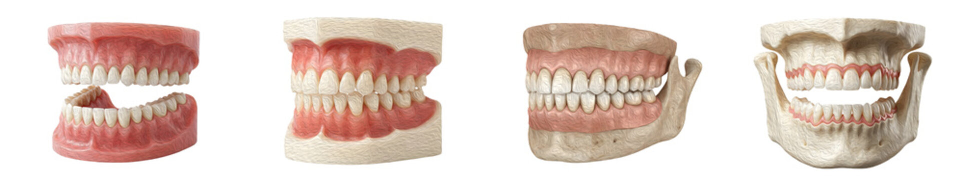 Dental Teeth Models and Dentures Set Isolated on White Background PNG, Human Jaw Anatomy, Prosthodontics, Orthodontic Typodont Collection, Medical Study Stock Images