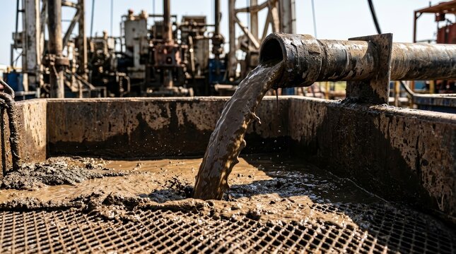Thick brown drilling mud flowing from a pipe into a metal tank on an oil rig.