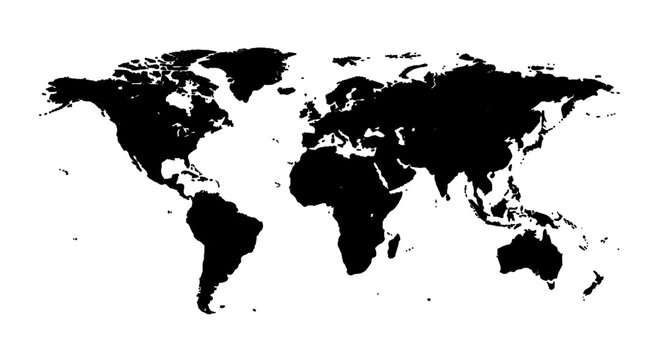 Minimal black silhouette icon, simple flat vector, bold black shape, no gradients, no shading world map silhouette on a, flat icon style