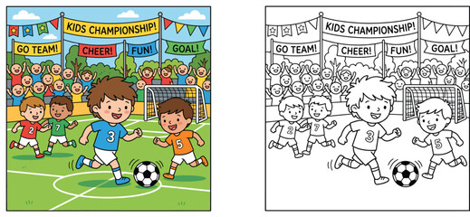 Fototapeta premium Kids playing soccer coloring page with colored template, children football championship cartoon vector illustration, outline and color activity sheet of boys playing soccer match
