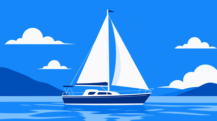 Fototapeta premium Sailboat with white sails gliding on calm blue water in a serene side-view composition, ideal for travel, leisure, and adventure branding in a clean flat vector illustration on a light background