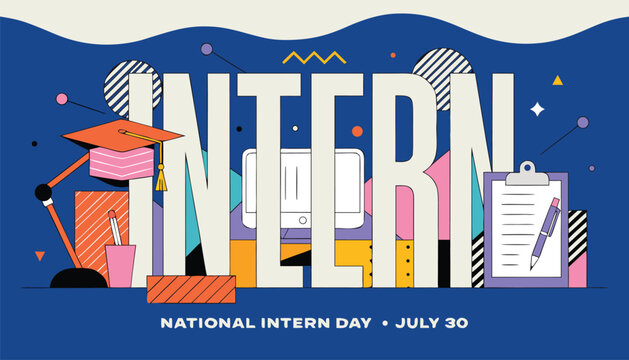 Colorful graphic design celebrating national intern day with office supplies