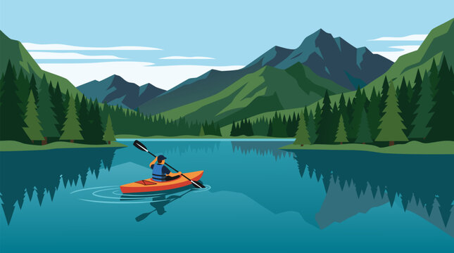 Clean flat vector illustration of a kayaker on a calm mountain lake with pine forests and reflections, useful for outdoor travel ads on a light scenic background.