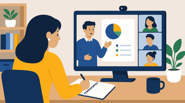 A person takes detailed notes during an e-learning webinar on a desktop computer at a tidy study desk, rendered as a clean flat vector illustration on a light background, suited for education and onli