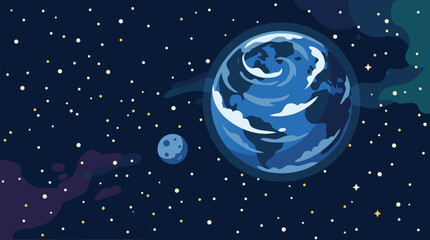 Fototapeta premium Distant blue planet with swirling cloud formations floating in a starry space scene with a small moon nearby, a clean flat vector illustration perfect for science and cosmos themed projects on a light