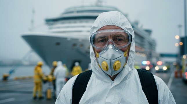 A somber scene shows people wearing hazmat suits and face masks near a large cruise ship.