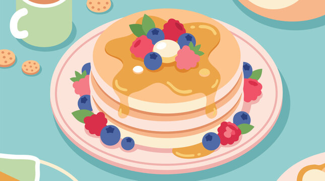 A stack of fluffy golden pancakes drizzled with gleaming syrup and topped with fresh berries in a warm pastel palette, a clean flat vector illustration ideal for food, breakfast, and bakery themed com