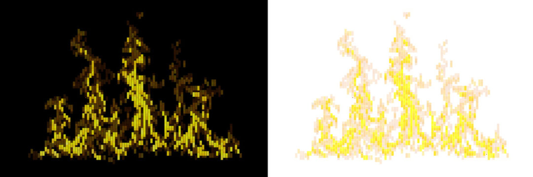 Abstract golden fire flame effect created with pixel art style on transparent backdrop.