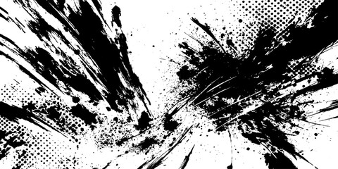 Fototapeta premium Abstract black ink splatters and dynamic brushstrokes create a chaotic yet artistic composition, suggesting energy and movement against a stark white background.