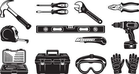 Fototapeta premium A collection of black and white construction tools including a hammer, screwdrivers, adjustable wrench, pliers, tape measure, spirit level, utility knife, power drill, toolbox, goggles, and gloves