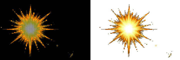 Golden starburst explosion halftone effect isolated on black and transparent backgrounds. © Pixstora