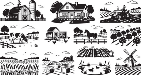 A collection of black and white farm featuring a barn, farmhouse, tractor, cow, horse, chicken coop, orchard, wheat field, hay bales, pond with ducks, vegetable garden, and a windmill © MdAbu