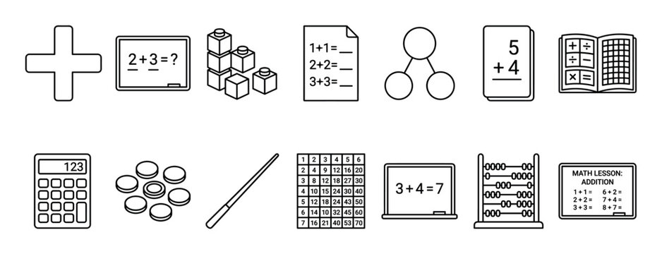 Mathematics education line icon set with various school supplies and learning tools like an abacus, calculator, chalkboard, and counting blocks for teaching arithmetic
