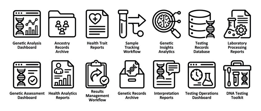 Collection of fourteen minimalist line icons for DNA testing, genetic analysis, health data, ancestry research, and laboratory workflow concepts for science infographics