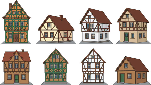 Collection of traditional European half-timbered houses cartoon vector illustration set for medieval town architecture concepts