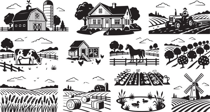 A collection of black and white farm featuring a barn, farmhouse, tractor, cow, horse, chicken coop, orchard, wheat field, hay bales, pond with ducks, vegetable garden, and a windmill
