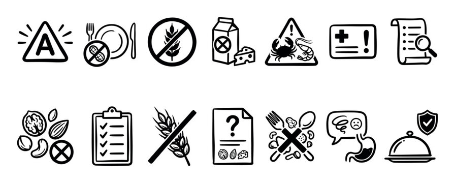 Black and white doodle icon set illustrating food allergy warnings, including symbols for gluten, dairy, nuts, and shellfish, for dietary information and health concepts