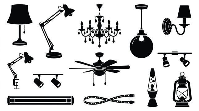 A collection of black silhouettes featuring various lighting fixtures, including table lamps, a chandelier, a ceiling fan, track lighting, a lava lamp, a fluorescent tube, and a vintage lantern