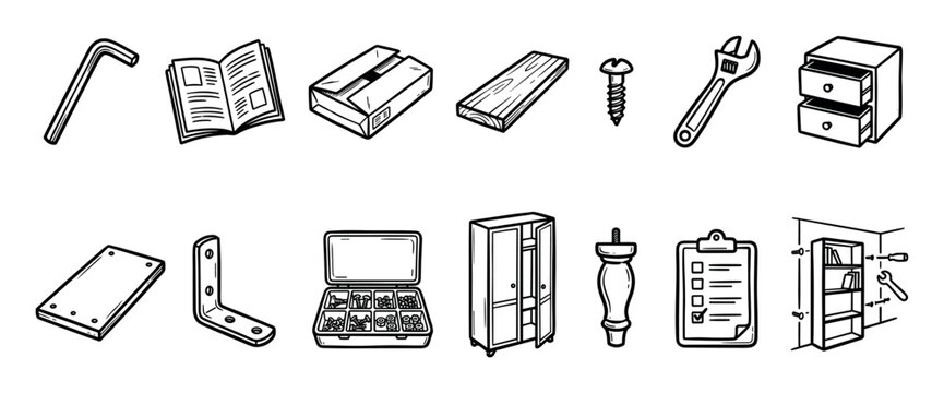 Hand-drawn black and white icon set showing furniture assembly with tools, parts, instructions, and flat-pack items for DIY home improvement projects