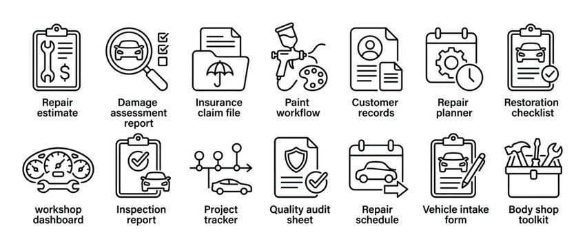 Car repair and maintenance service icons set in a minimalist line art style showing workshop processes like damage assessment, insurance claims, and vehicle inspection reports