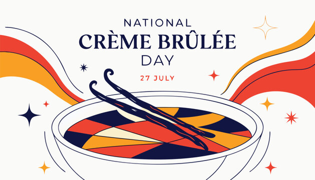 Colorful illustration celebrating national creme brulee day with vanilla beans