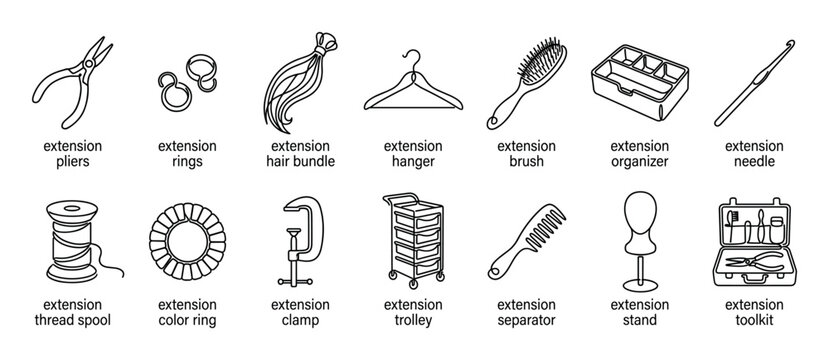 Hair extension tools and accessories icon set showing pliers, rings, a hair bundle, brush, needle, and other professional hairdressing equipment in a simple line art vector style