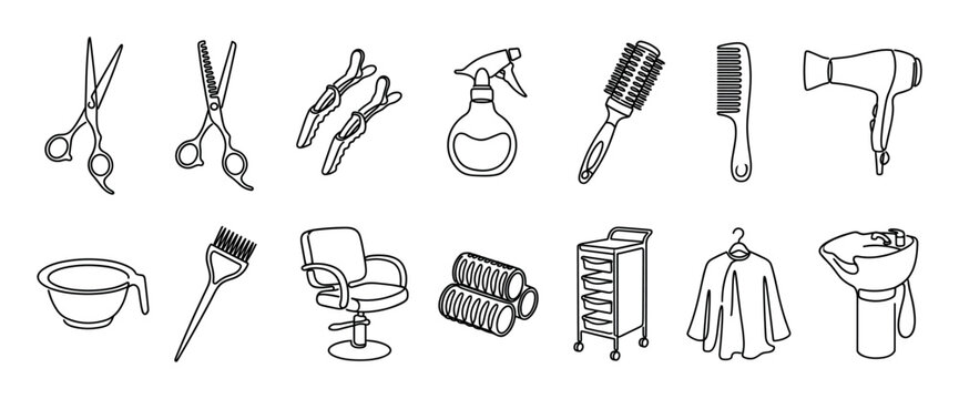 Collection of black line art hairdresser icons showing professional salon equipment and tools for hairstyling, cutting, and coloring in a minimalist vector illustration style