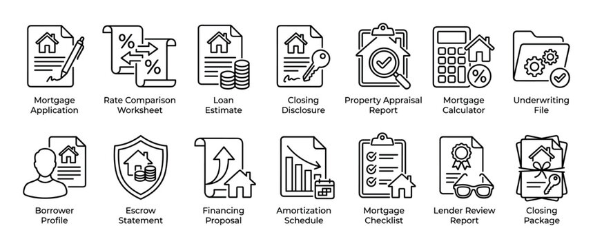 Set of mortgage and real estate line icons showing the home loan process from application to closing, including appraisal, underwriting, and financing documents for property purchase