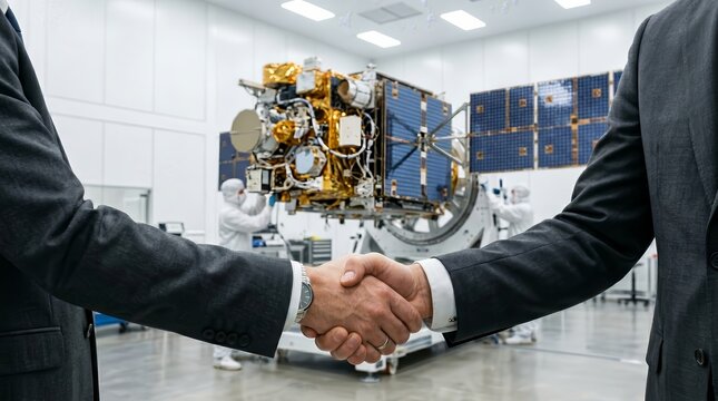 A successful satellite industry deal handshake with a satellite being assembled in the background.
