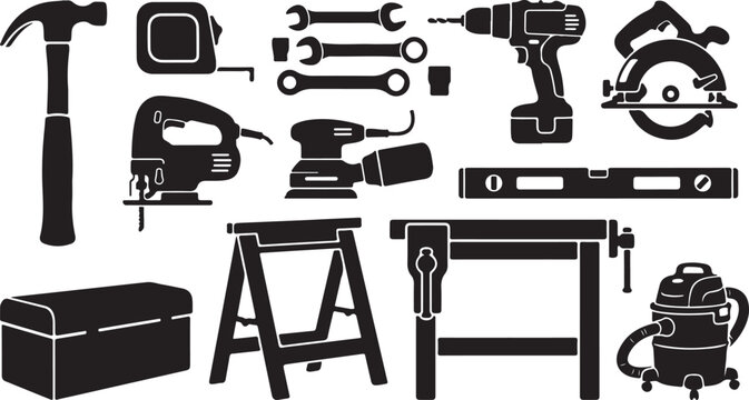 Collection of black silhouette construction and woodworking tools including a hammer, power drill, circular saw, jigsaw, orbital sander, wrenches, spirit level, sawhorse, workbench, and tool box