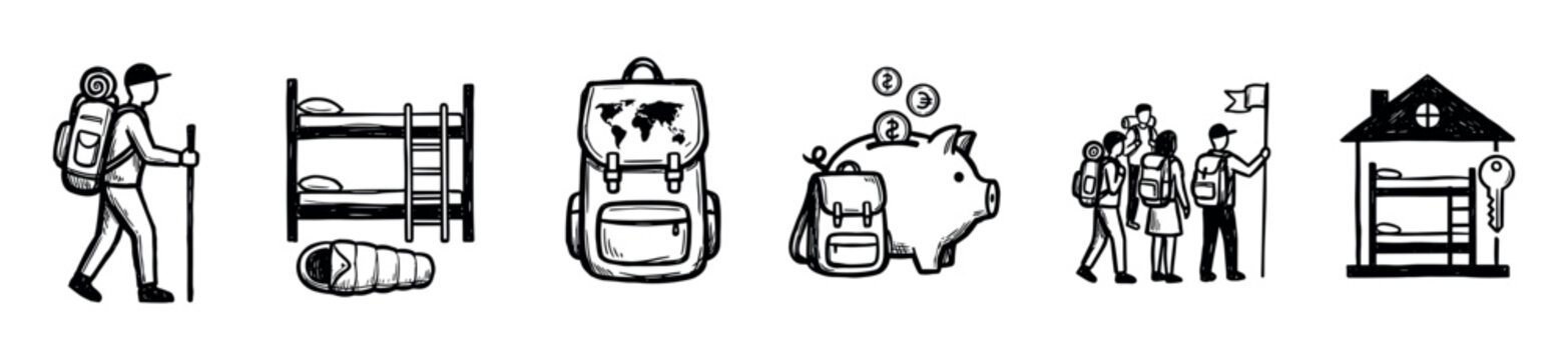 Set of hand-drawn black and white backpacking icons showing a hiker, hostel bunk bed, world map rucksack, piggy bank, and tourist group for budget travel and adventure concepts