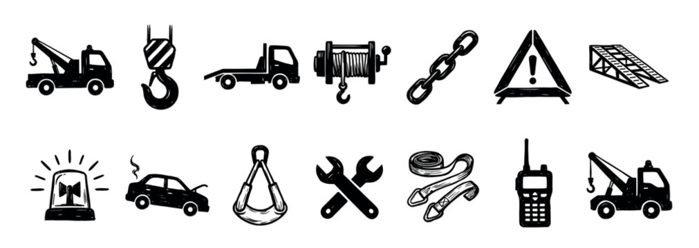 Hand-drawn black icons set for roadside assistance and vehicle recovery services, featuring a tow truck, winch, hook, and emergency symbols in a simple doodle sketch style illustration
