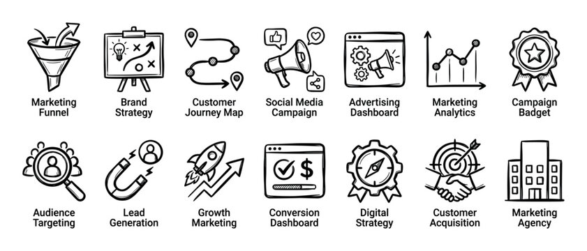 Collection of hand-drawn marketing icons representing business concepts like strategy, funnel, analytics, lead generation, and customer acquisition in a simple black and white doodle style