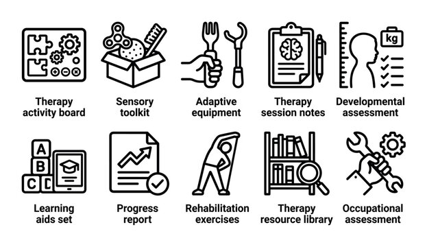 Versatile set of ten black line icons illustrating occupational therapy and rehabilitation themes, such as sensory toolkits, adaptive equipment, progress reports, and developmental assessment